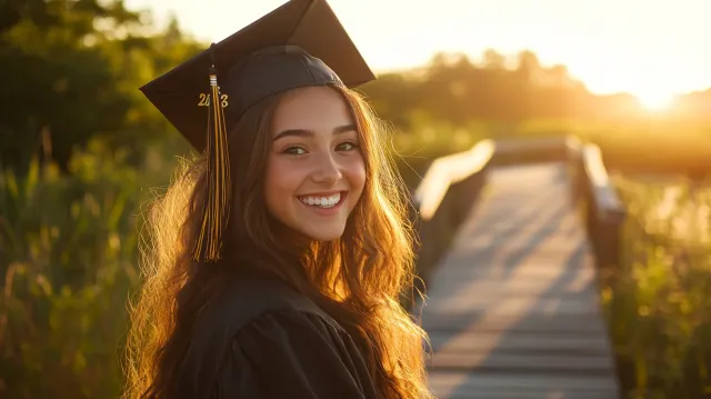 High school senior in cap and gown at golden hour on the South Shore coast