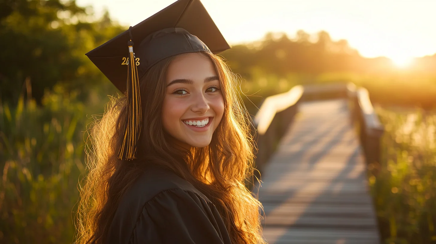 High school senior in cap and gown at golden hour on the South Shore coast