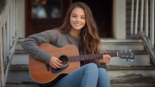 High school senior with acoustic guitar on porch steps, natural light portrait