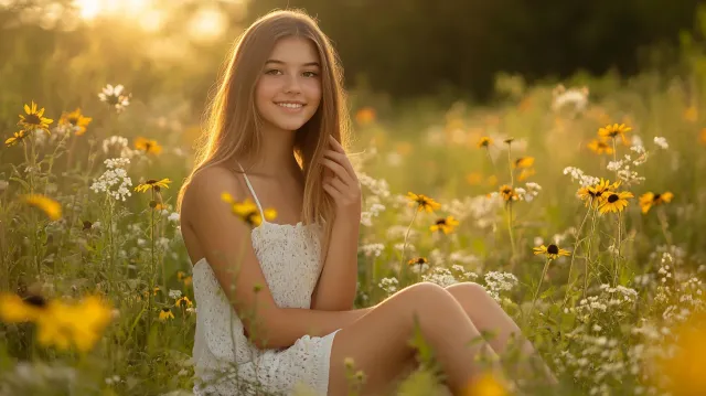 Senior portrait in a South Shore wildflower meadow at golden hour
