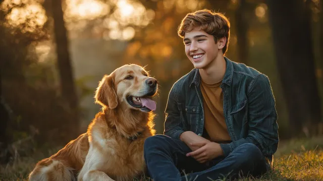 High school senior with golden retriever in a natural outdoor senior portrait session