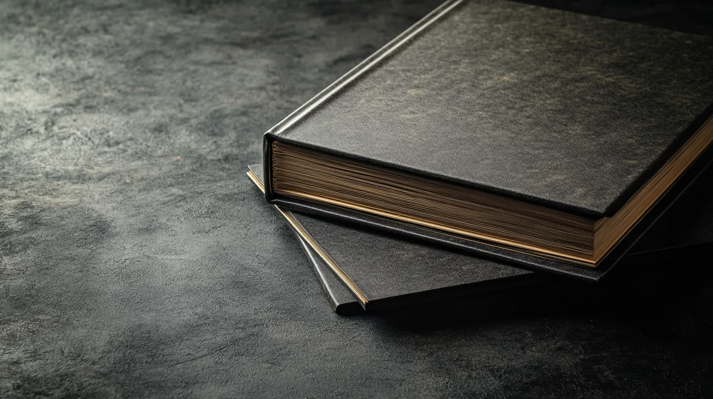 Boudoir package presentation — two flush-mount photo albums with gilded page edges stacked on a dark textured stone surface in low directional studio light