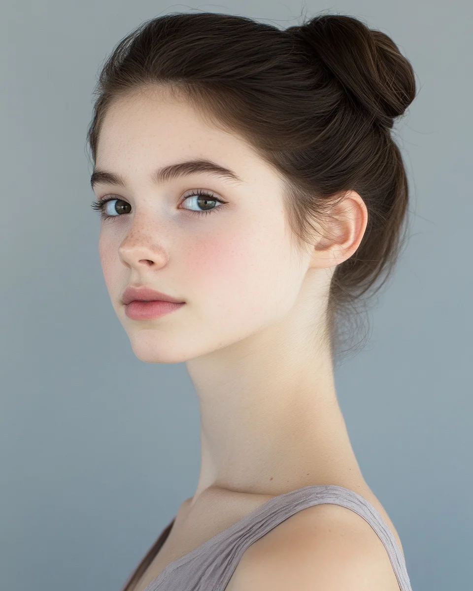Ballet headshot example — dancer with hair in a classical bun and black scoop-neck leotard, restrained still expression, even light on a neutral backdrop