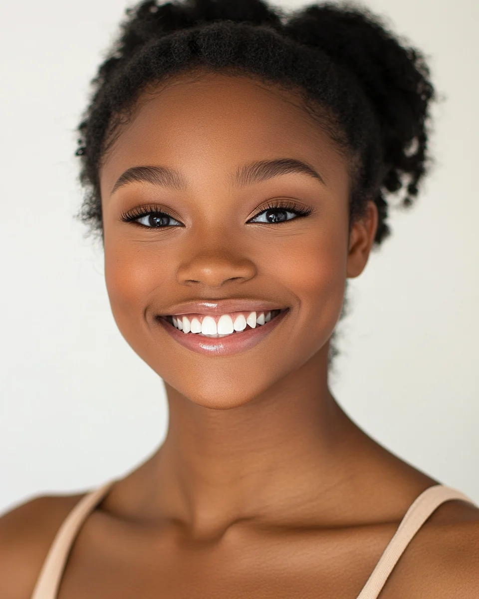 Commercial dance headshot example — dancer with a bright genuine smile, contemporary styling, warm studio lighting on a clean light background