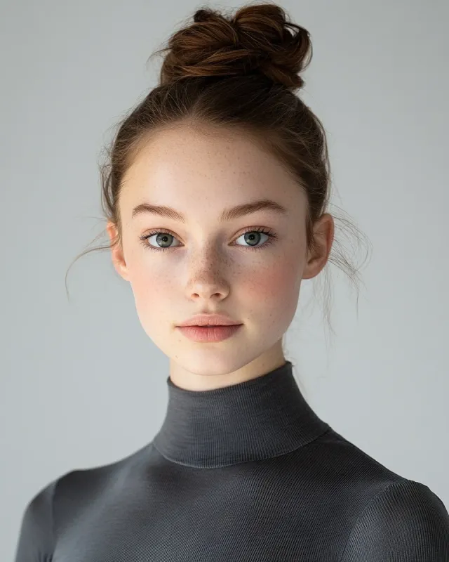 Professional dance audition headshot example — female dancer, hair in a clean bun, fitted leotard, soft studio lighting on a neutral gray backdrop