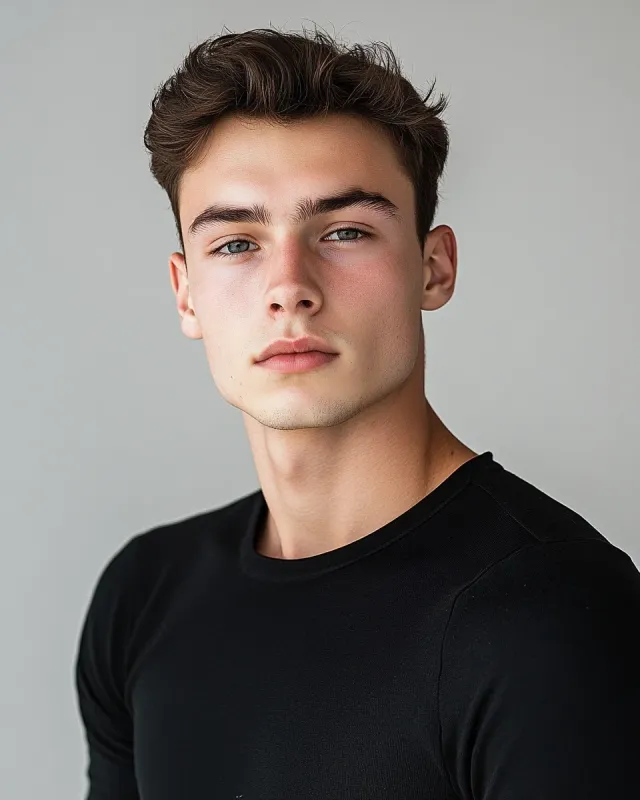 Professional dance audition headshot example — male dancer, fitted dark top, confident expression, even studio lighting on a clean neutral backdrop