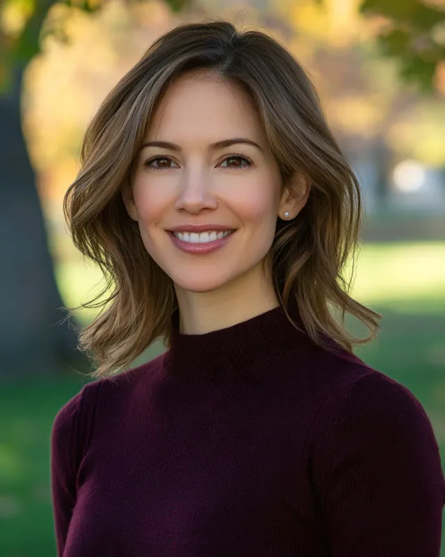 On-location dating profile lead portrait — woman in her early thirties with a warm smile and direct eye contact, Boston Public Garden foliage softly blurred behind her