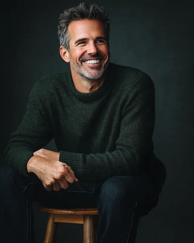Relaxed studio dating portrait — man in his early forties leaning on a stool, laughing just off camera, warm side lighting against a charcoal textured backdrop