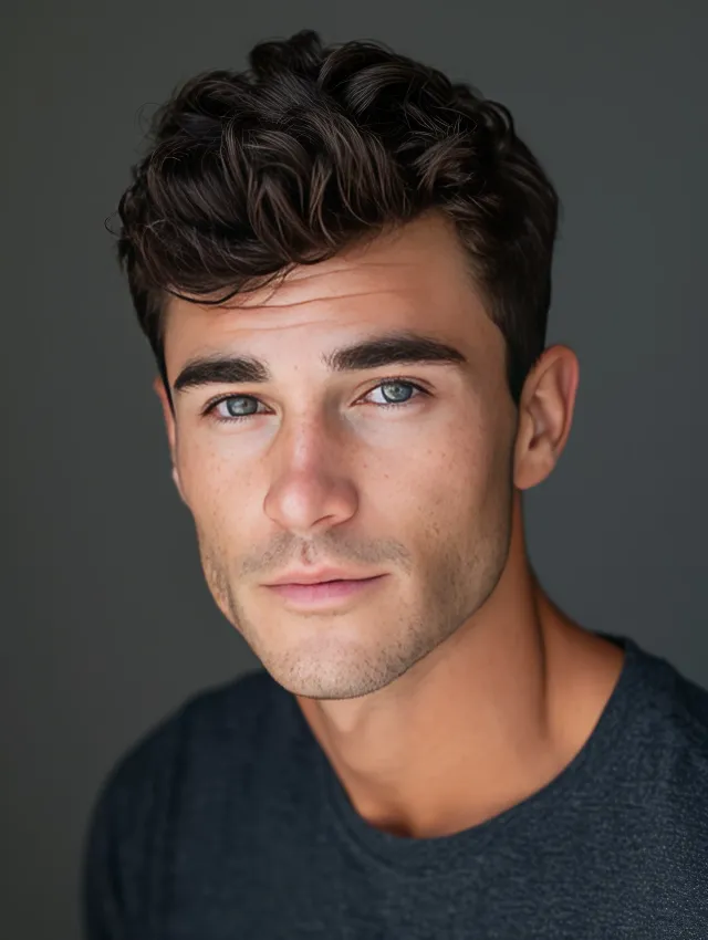 Composed neutral headshot of a man in a dark knit sweater on a grey background, mouth closed and eyes directly engaged with the lens