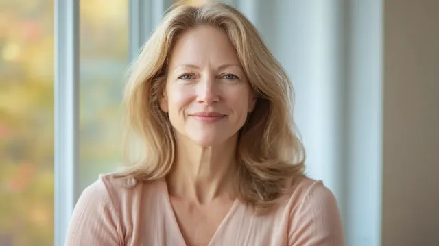 Healthcare headshot of a woman in a soft pink blouse beside a window, shoulders open to the camera and a warm unforced smile
