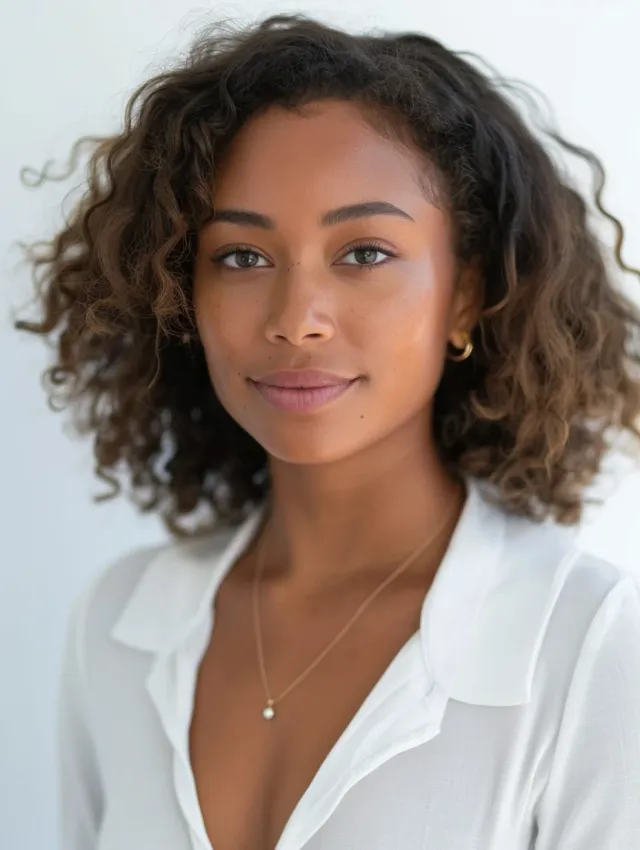 LinkedIn headshot of a woman in a white collared blouse on a light background, head near-neutral with a closed-lip smile that reaches the eyes