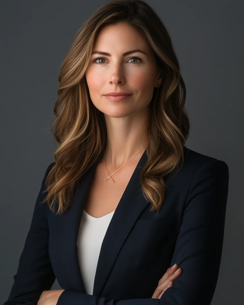 Professional headshot of a woman with her body angled off-camera and face turned back to the lens — the slimming foundation pose