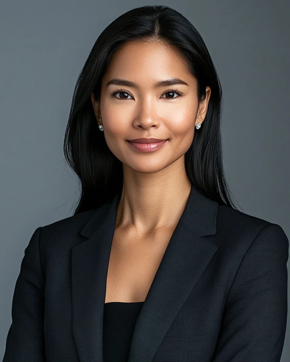 Composed executive headshot of a woman, near-neutral head position and confident expression on a clean gray background