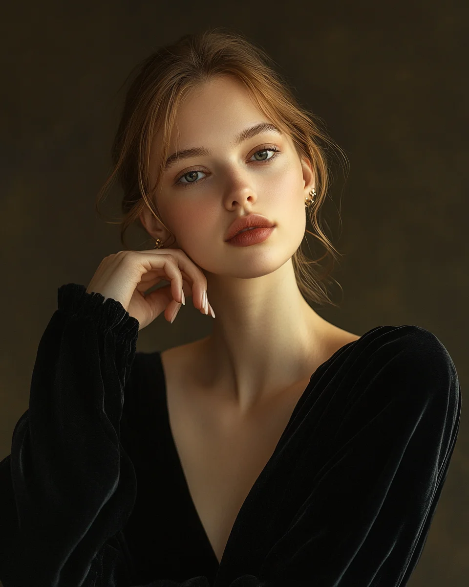 Three-quarter portrait of a woman with one hand resting softly near her collarbone, editorial studio look