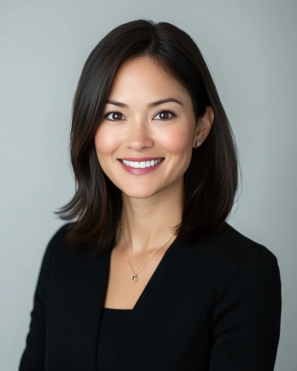 Headshot of a woman with a subtle head tilt and a warm genuine smile, soft studio lighting
