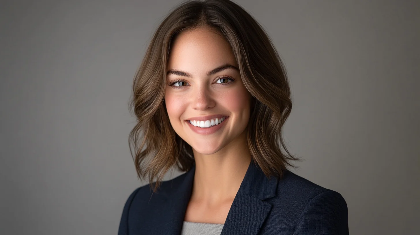 Commercial modeling headshot example — warm smile on a grey seamless backdrop