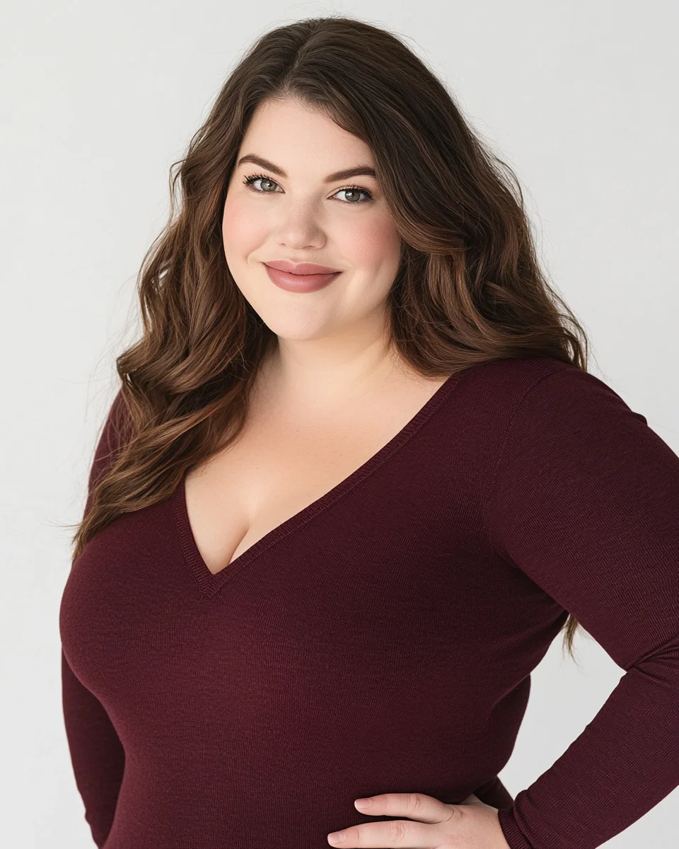 Curve modeling headshot example — confident hand-on-hip frame for a plus-size model