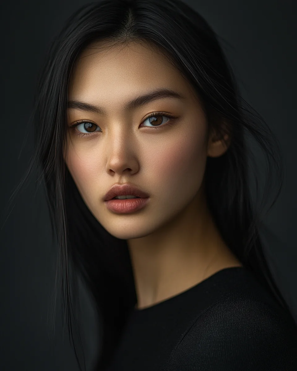 Editorial fashion modeling headshot example — square to camera with sculpted beauty-dish lighting