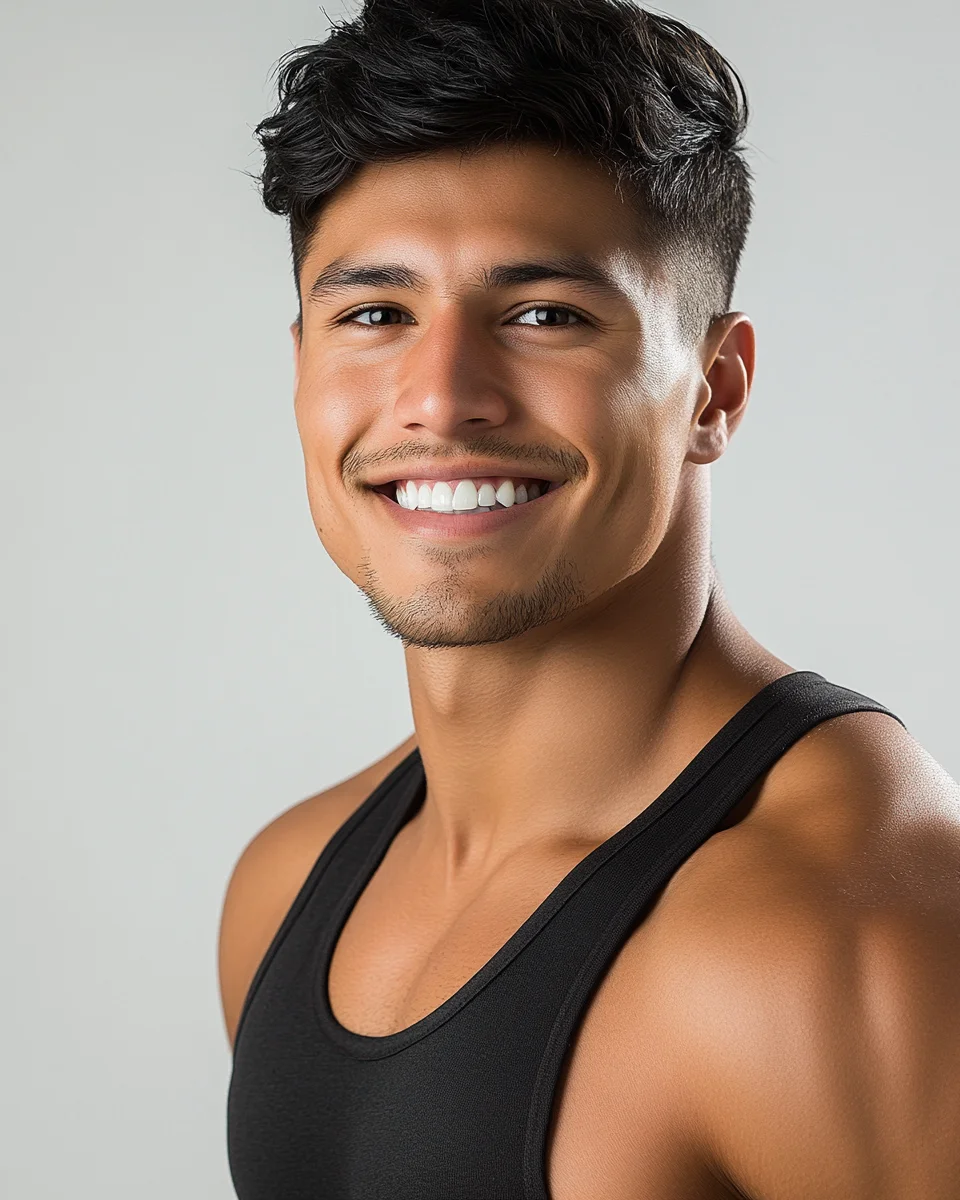 Fitness modeling headshot example — broad natural smile on a bright light-grey backdrop