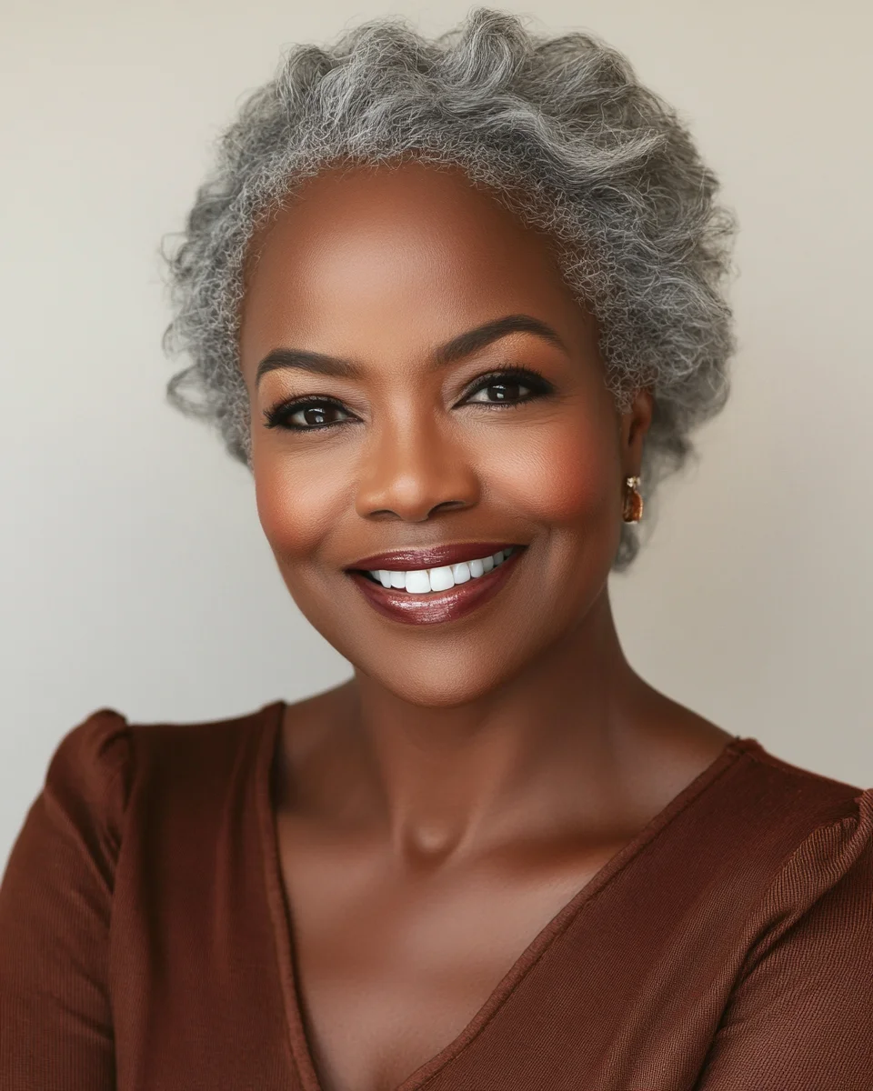 Mature modeling headshot example — over-50 model with a warm smile and soft clamshell lighting