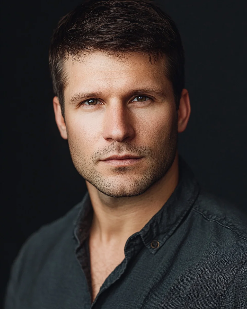 Theatrical actor headshot example — composed neutral expression with dramatic Rembrandt lighting