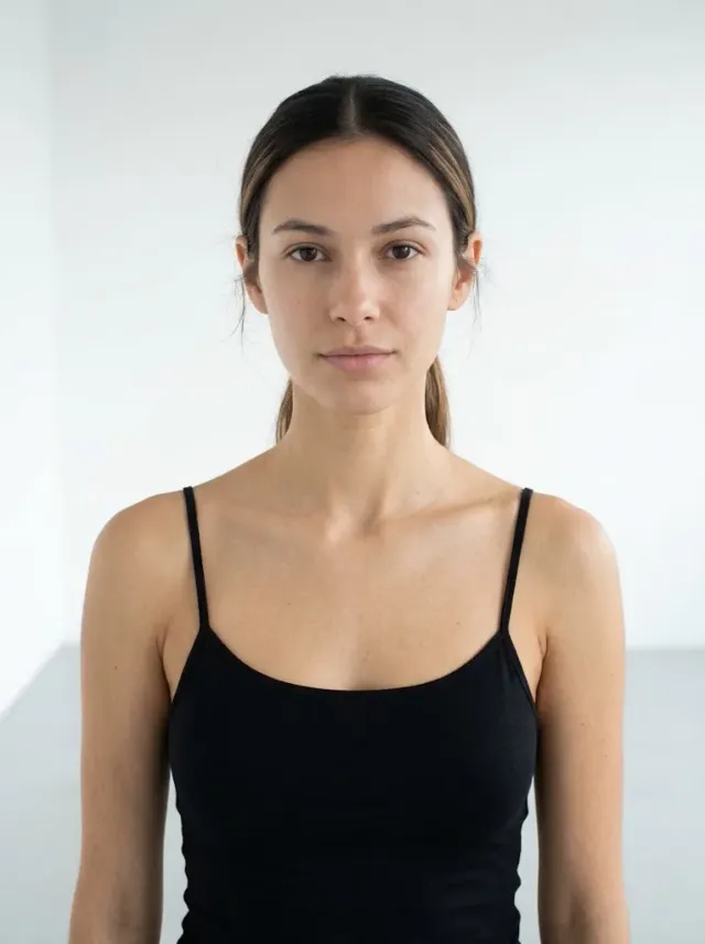 Agency polaroid — straight-on headshot of a model with hair pulled back in a low ponytail, black camisole, chin level and eyes into the lens with a relaxed neutral expression