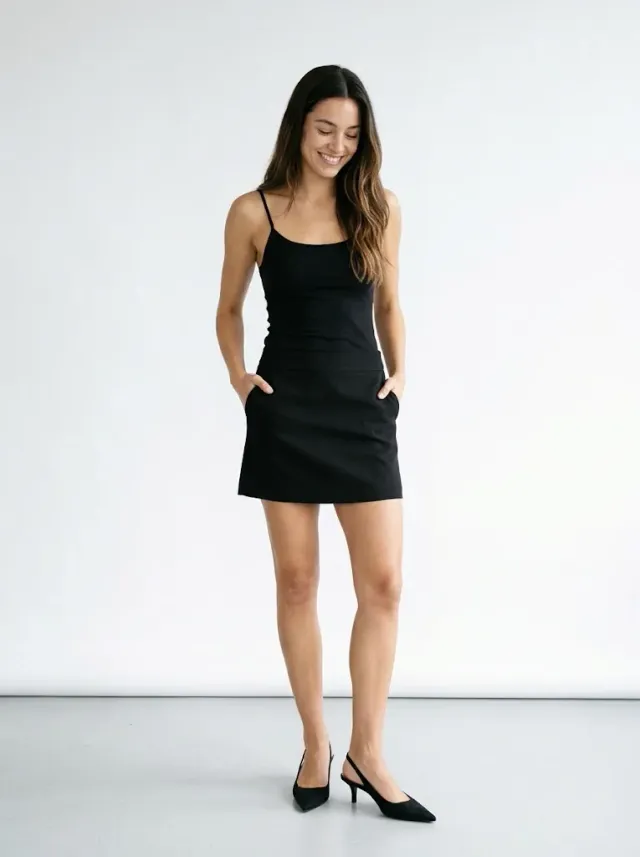 Agency polaroid — full-length shot of a model in a black camisole and black mini skirt with hands tucked in the pockets, looking down and smiling naturally