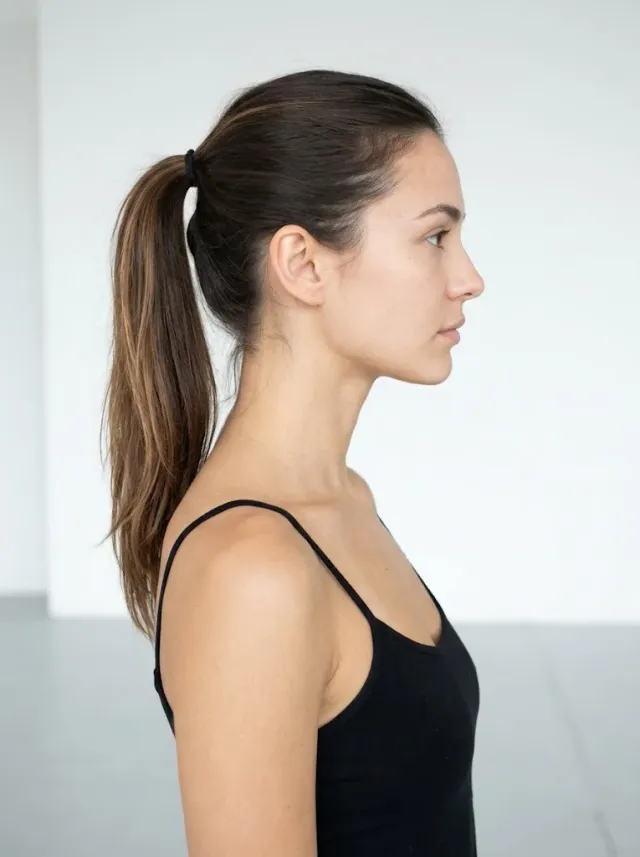 Agency polaroid — true side profile headshot of a model with hair in a high ponytail, ear, jawline and neck fully visible, black camisole, looking straight ahead