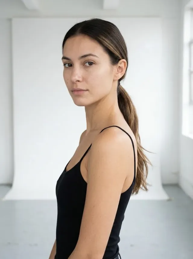 Agency polaroid — three-quarter headshot of a model with shoulders turned away from the camera and face turned back toward the lens, hair in a low ponytail, neutral expression