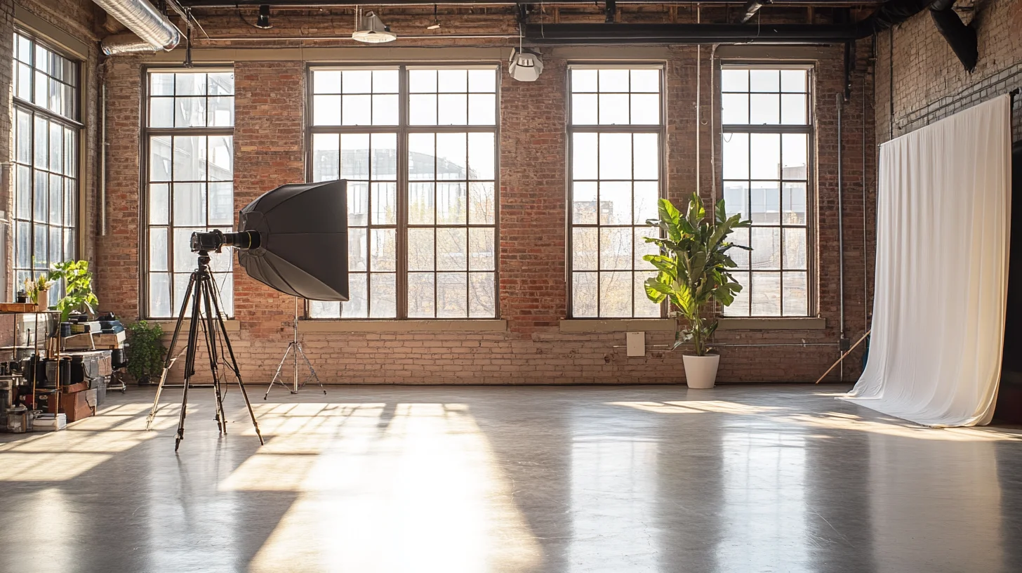 Photography Shark studio interior — converted mill building at 83 E Water Street, Rockland MA. Exposed brick, large industrial windows, professional Godox strobe and softbox setup.