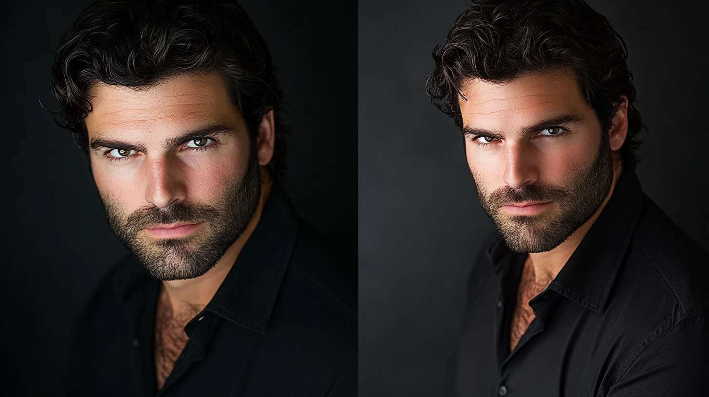 Actor headshot at Photography Shark studio — character-driven theatrical lighting, Rembrandt key, dark backdrop, Boston casting submission style