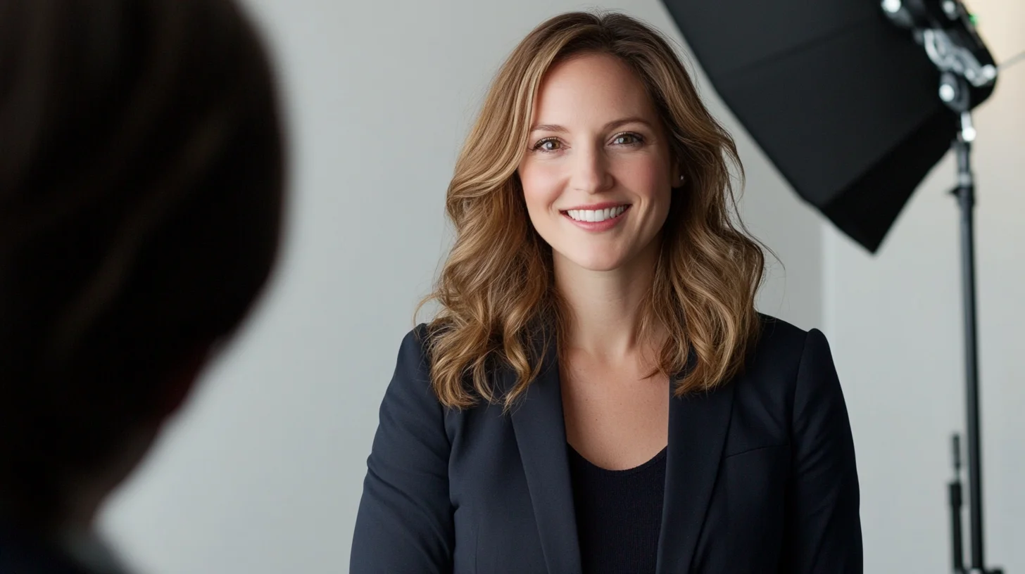 Boston headshot session in progress at Photography Shark — female executive in navy blazer, professional clamshell strobe lighting setup, gray seamless backdrop