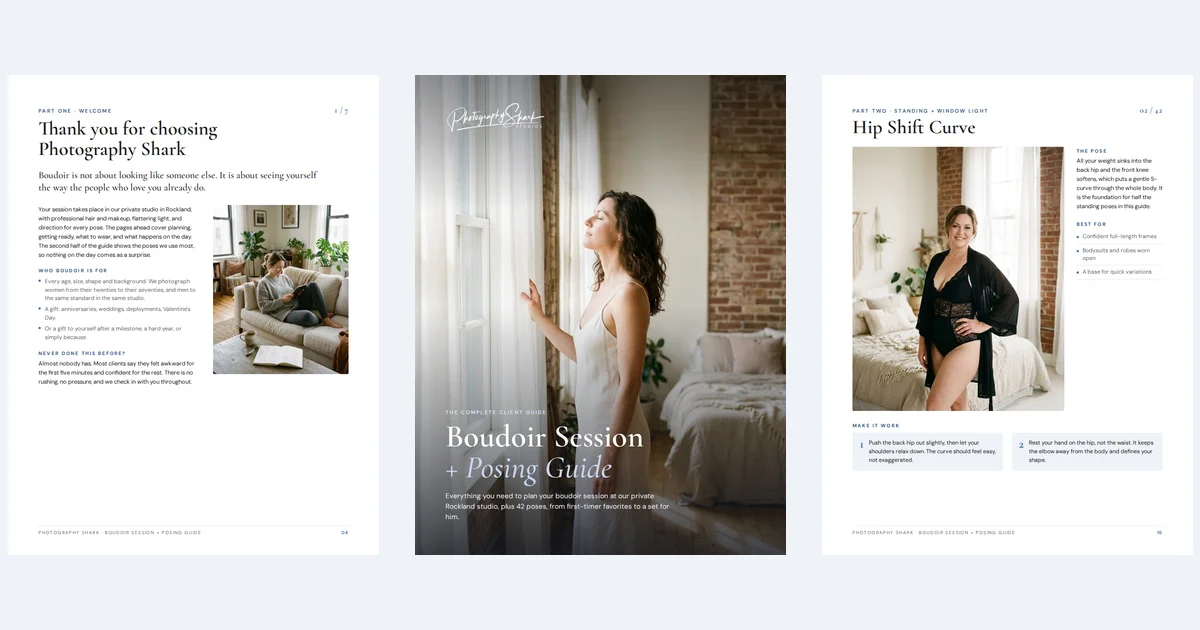 Three pages from the Boudoir Session + Posing Guide: the welcome page, the cover, and the hip-shift curve pose