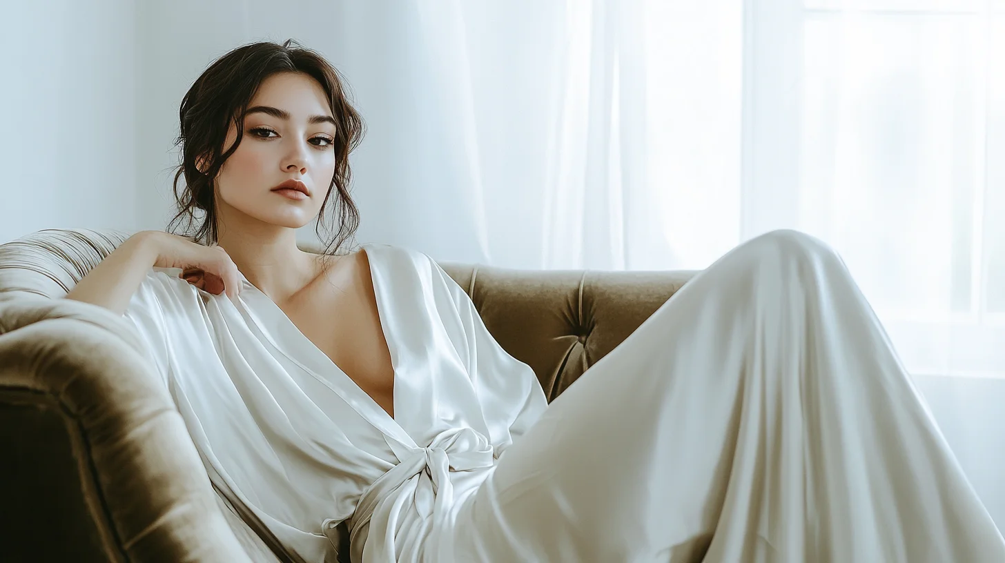 Editorial boudoir portrait at Photography Shark private studio — silk wrap, soft natural window light, elegant tasteful composition