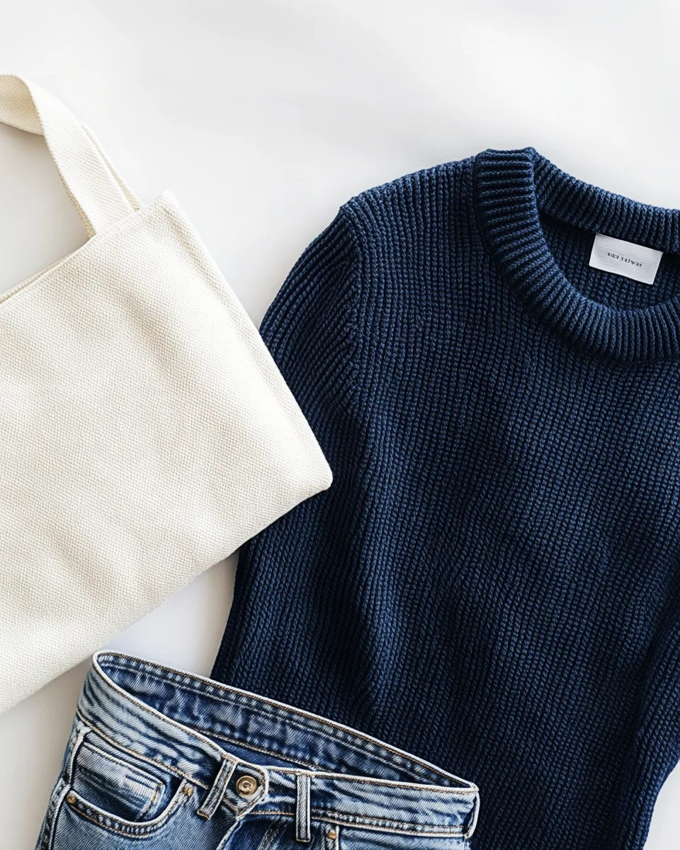 Overhead flat-lay apparel photograph on white seamless — Rockland MA studio
