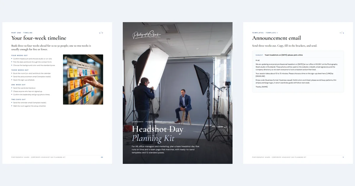 Three pages from the Corporate Headshot Day Planning Kit: the timeline, the cover, and the announcement email template