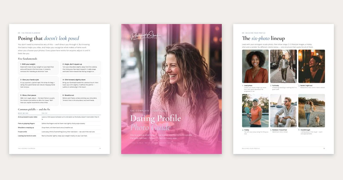 Three pages from the Dating Profile Photo Guide: posing tips, the cover, and the six-photo lineup