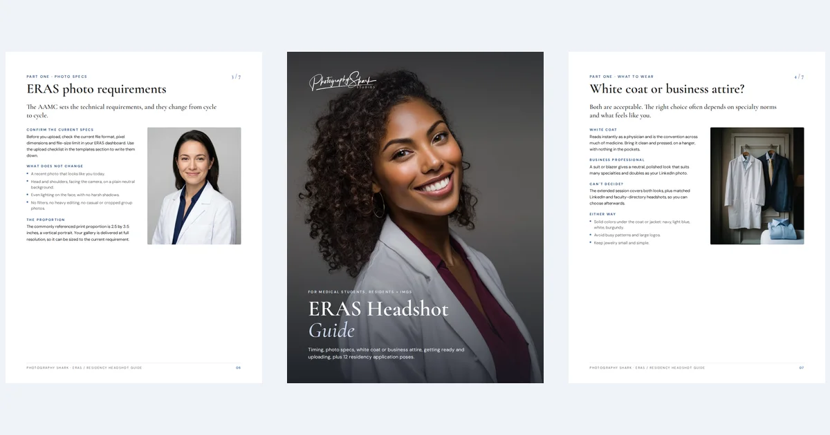 Three pages from the ERAS / Residency Headshot Guide: the photo requirements, the cover, and white coat or business attire
