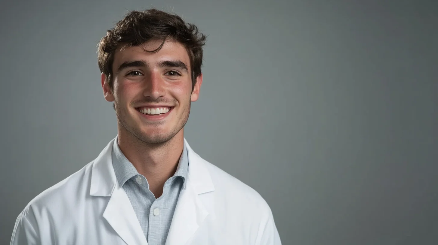 ERAS residency application headshot at Photography Shark studio near Boston — medical student in white coat, neutral background, even professional lighting