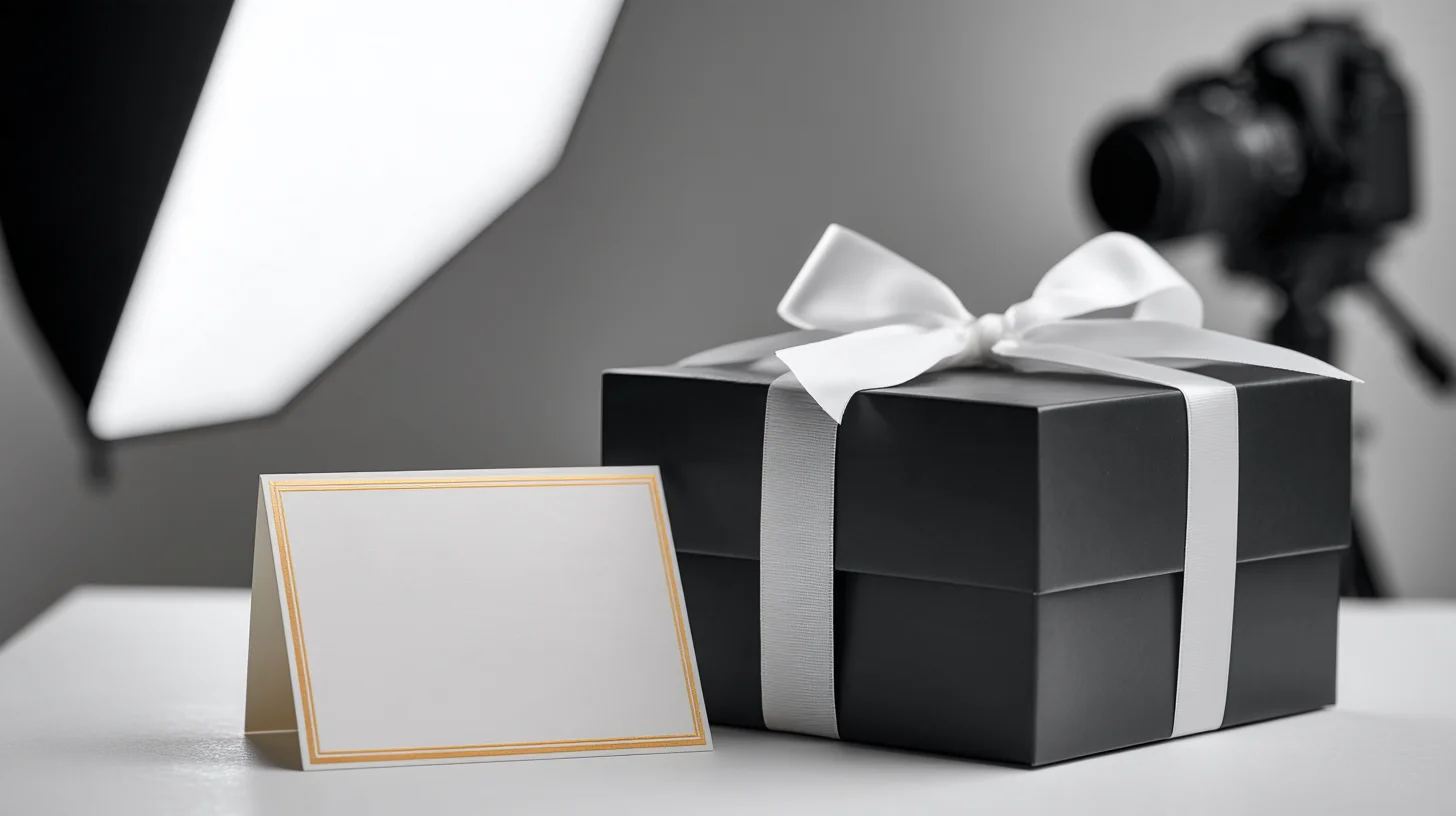 Black gift box with a white satin ribbon beside a blank gold-trimmed card, with a softbox and camera in the Photography Shark studio