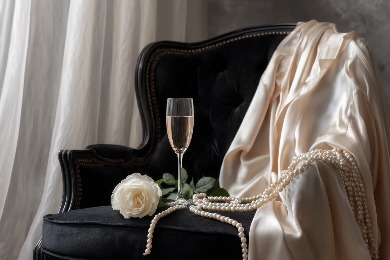Champagne silk robe draped over a black velvet armchair with pearls, a white rose, and a glass of champagne in a softly lit boudoir studio