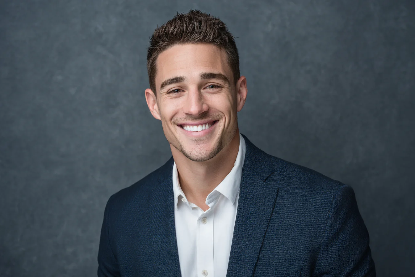Recent graduate in a navy blazer smiling in a studio headshot against a grey studio backdrop