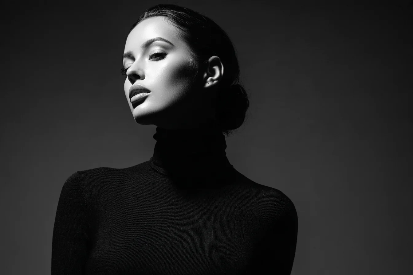 Aspiring model in a black turtleneck lit by a single dramatic strobe against a charcoal backdrop
