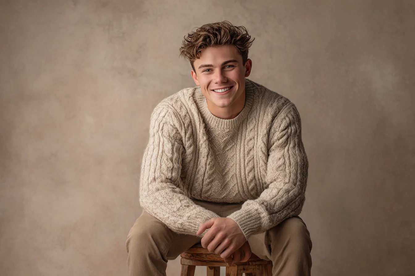 Smiling high school senior in a cream sweater seated on a stool against a warm taupe studio backdrop