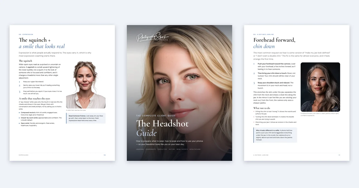 Three pages from the Headshot Guide: the squinch, the cover, and the jawline technique