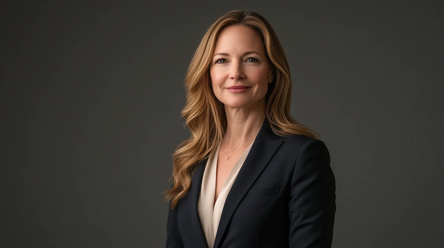 Women's headshot wardrobe example — a structured navy blazer over a cream silk blouse against a dark grey studio background
