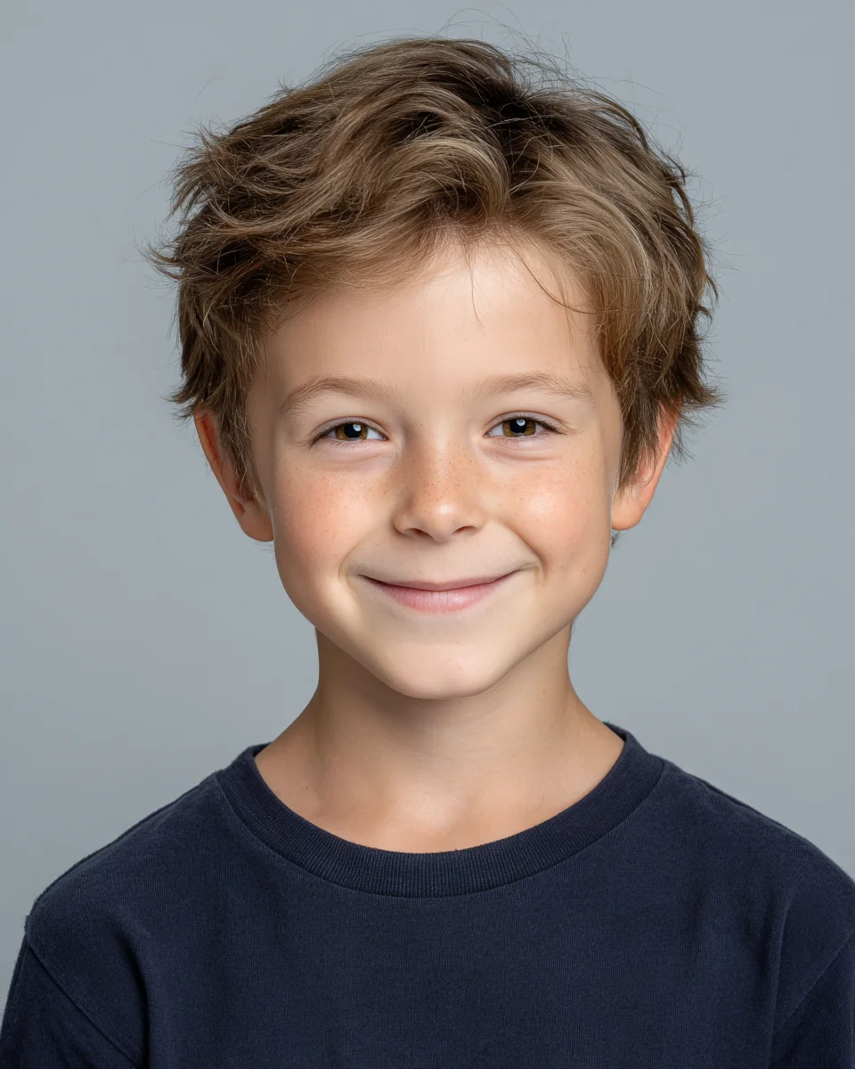 Kids headshot of a smiling boy in a navy T-shirt on a light gray studio backdrop