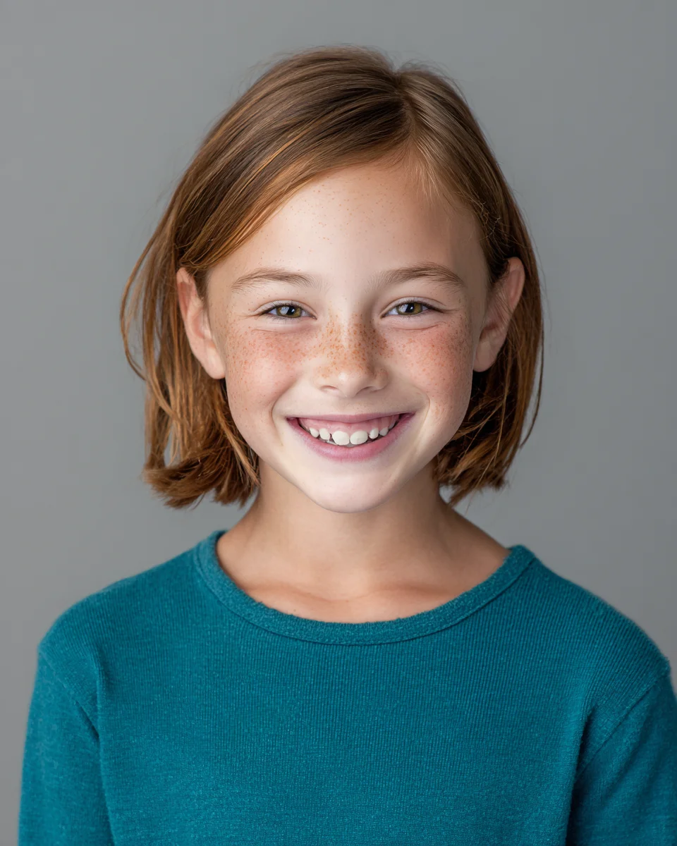 Kids headshot of a smiling girl with freckles in a teal top on a gray studio backdrop