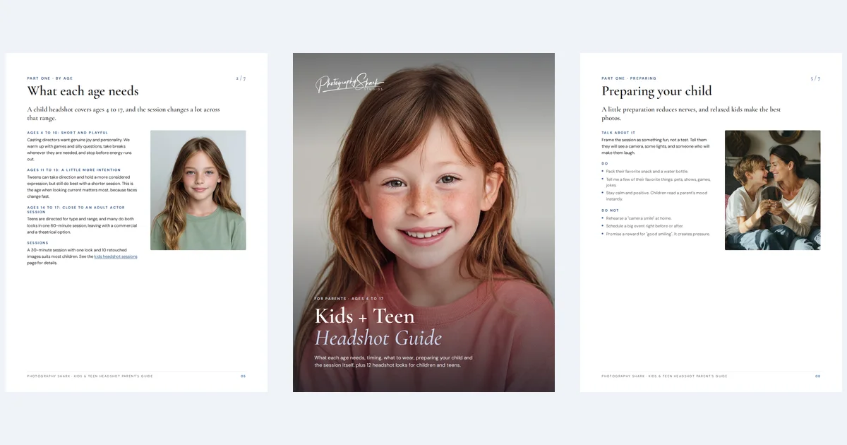 Three pages from the Kids and Teen Headshot Parent's Guide: what each age needs, the cover, and preparing your child