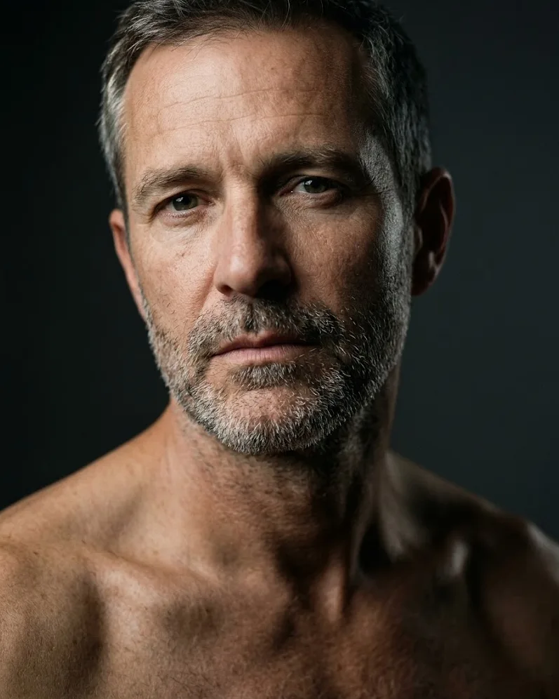 Low-key close-up portrait of a man in his fifties with bare shoulders — male boudoir